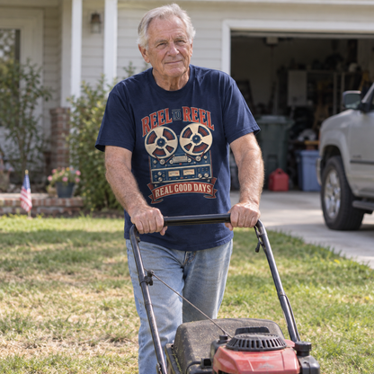 Senior man mowing lawn in navy vintage t-shirt printed with reel-to-reel design.