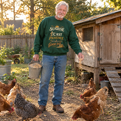 Senior man wearing green vintage sweatshirt with Sunrise Cast Patience Good Day print feeding chickens