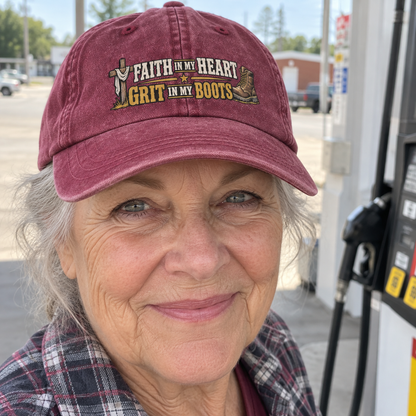 Senior woman at gas station wears burgundy vintage washed cap with printed faith and grit slogan