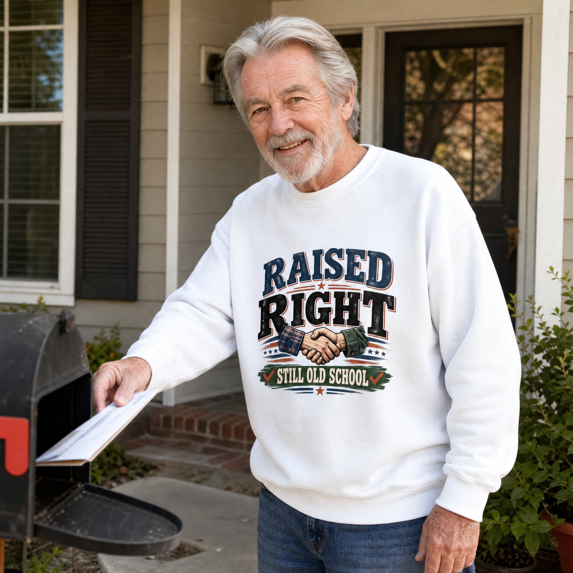 White vintage sweatshirt with “Raised Right Still Old School” print worn by senior man outdoors.