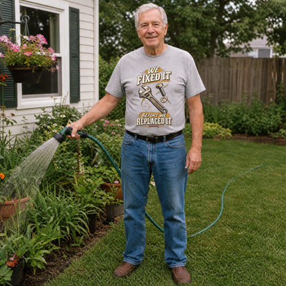 Senior man wearing gray vintage t-shirt with printed repair slogan, gardening outdoors.