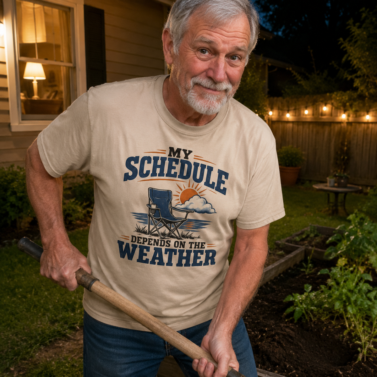 Senior man wearing vintage t-shirt with printed My Schedule Depends On The Weather design outdoors