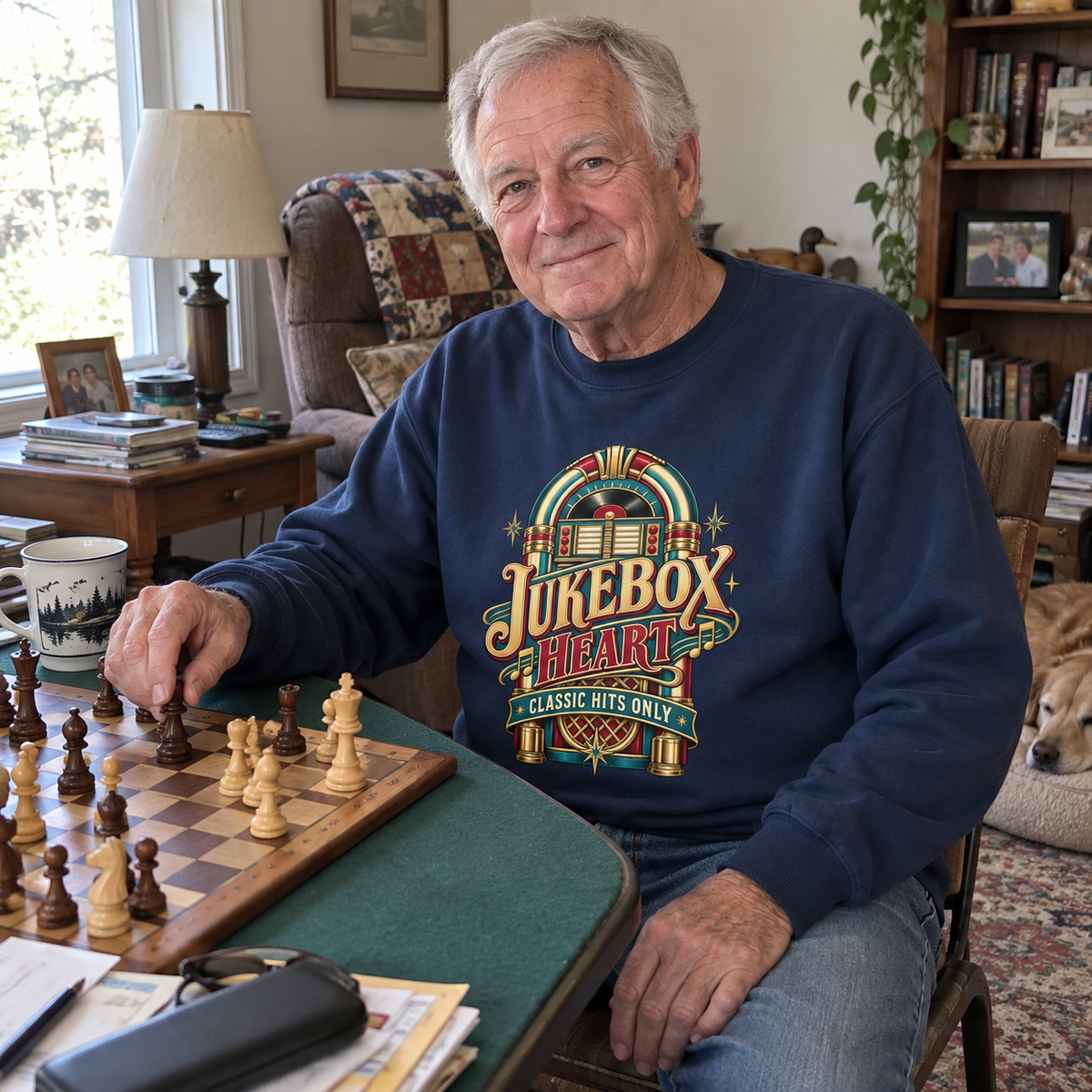 Senior man playing chess in navy vintage sweatshirt with printed Jukebox Heart Classic Hits Only