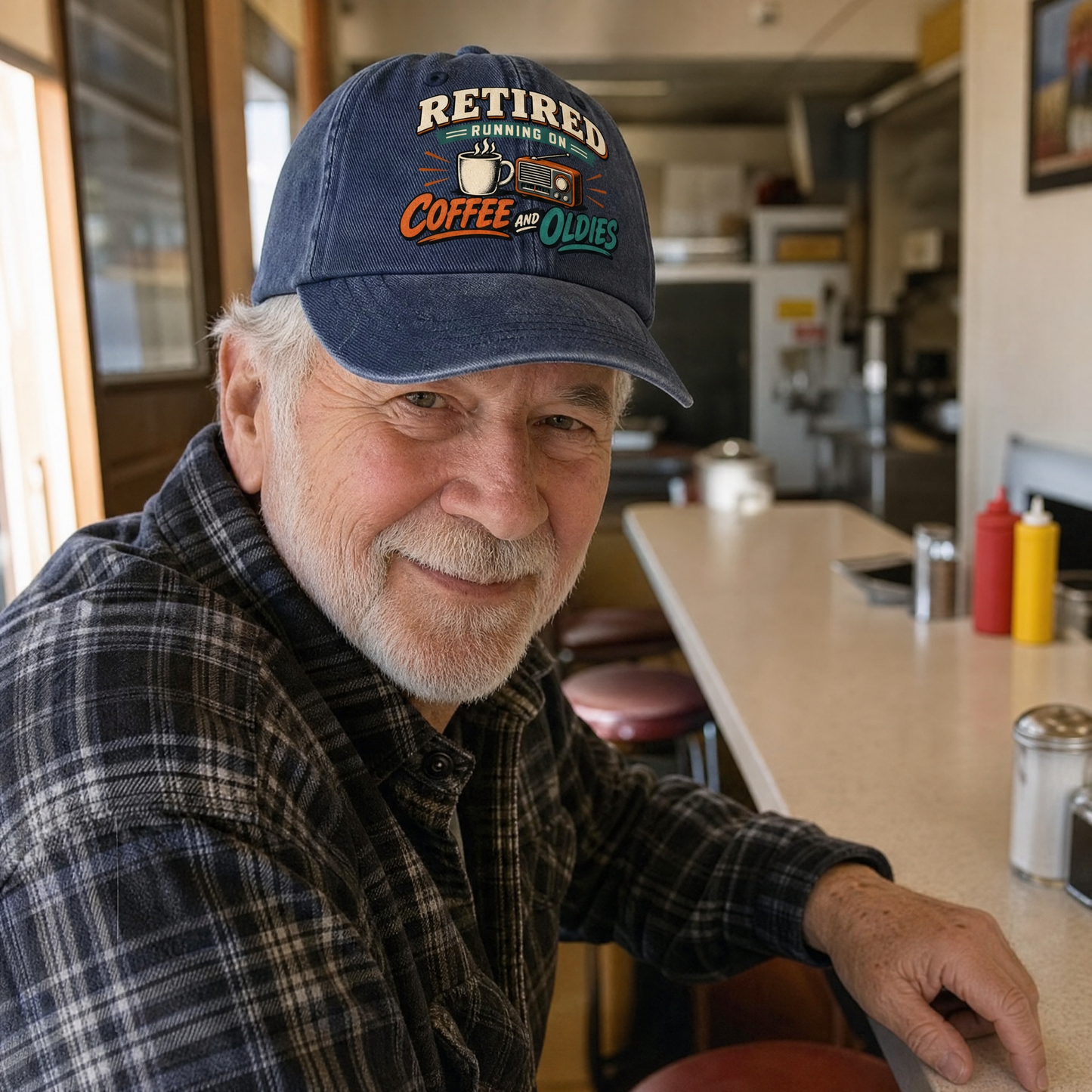 Vintage washed cap with Retired Running On Coffee And Oldies print worn by senior man