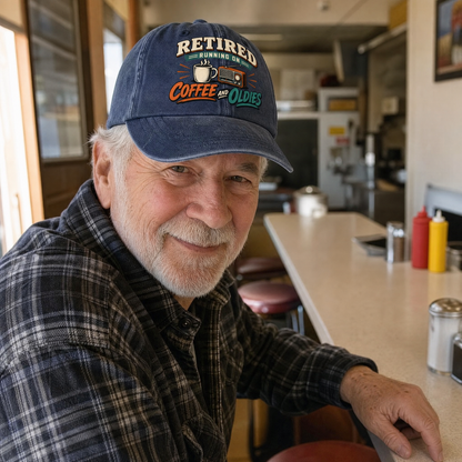 Vintage washed cap with Retired Running On Coffee And Oldies print worn by senior man