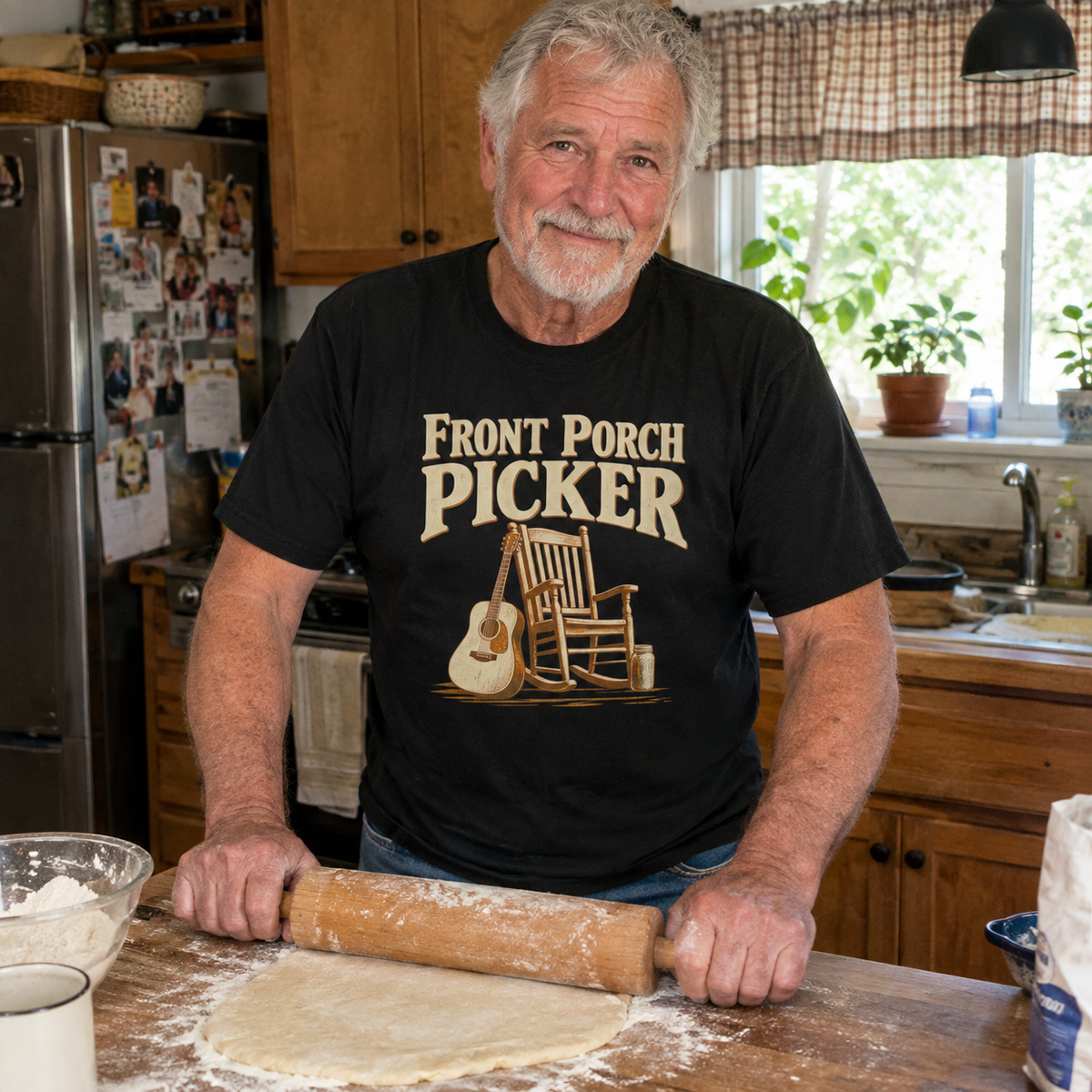 Black vintage t-shirt with Front Porch Picker printed design worn by senior man in kitchen