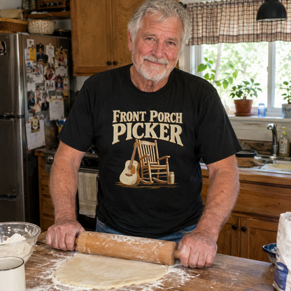 Black vintage t-shirt with Front Porch Picker printed design worn by senior man in kitchen