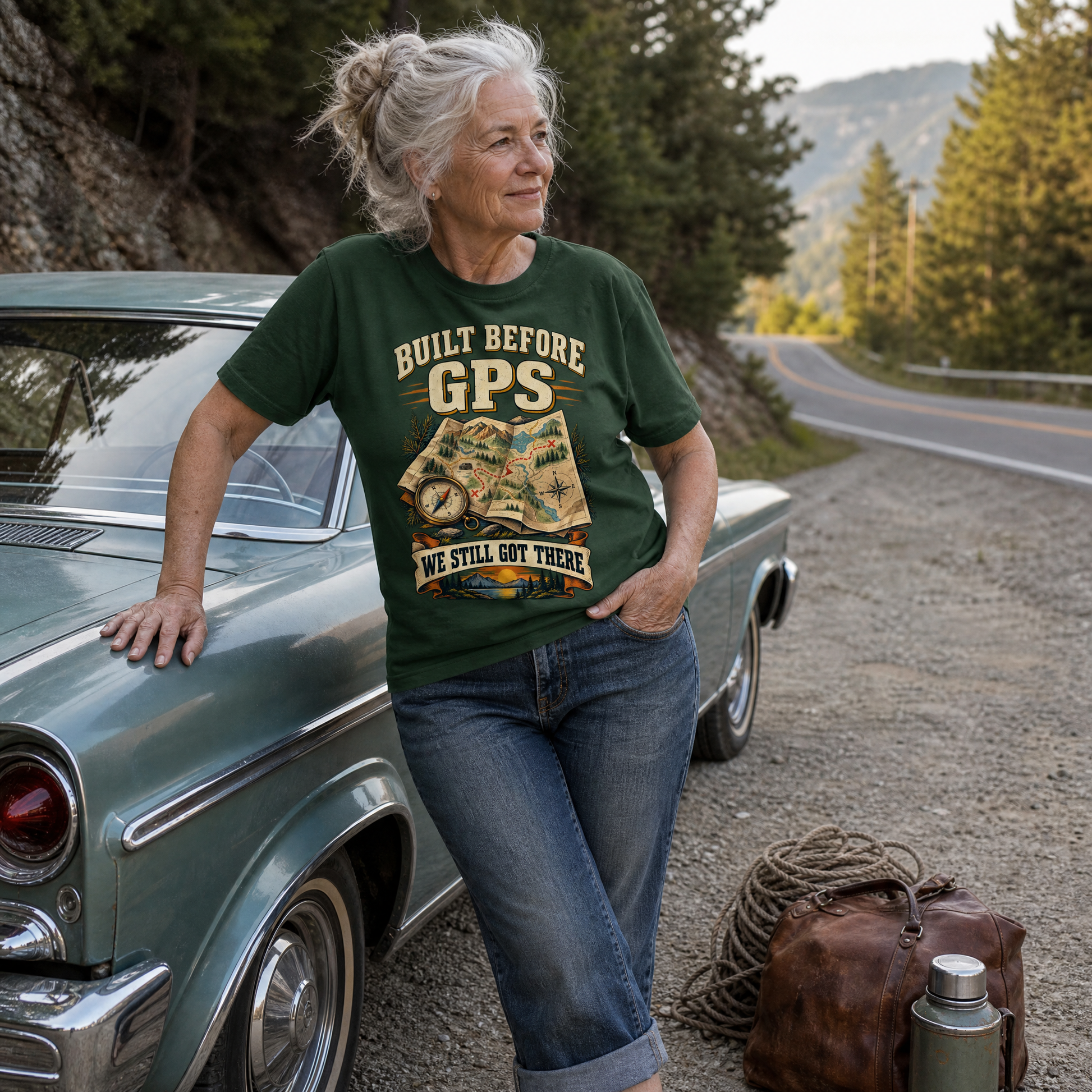 Senior woman wearing green vintage t-shirt with “Built Before GPS We Still Got There” printed design