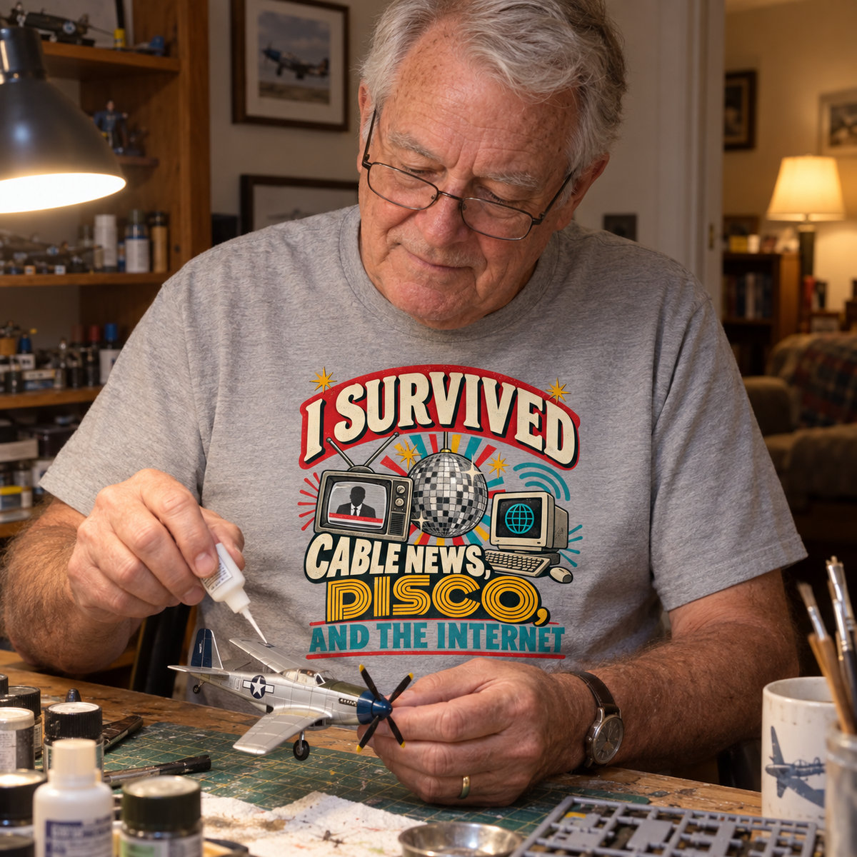 Senior man building a model airplane wears gray vintage t-shirt with printed I Survived slogan.