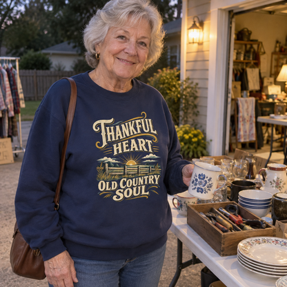 Senior woman in navy vintage sweatshirt printed Thankful Heart Old Country Soul at yard sale