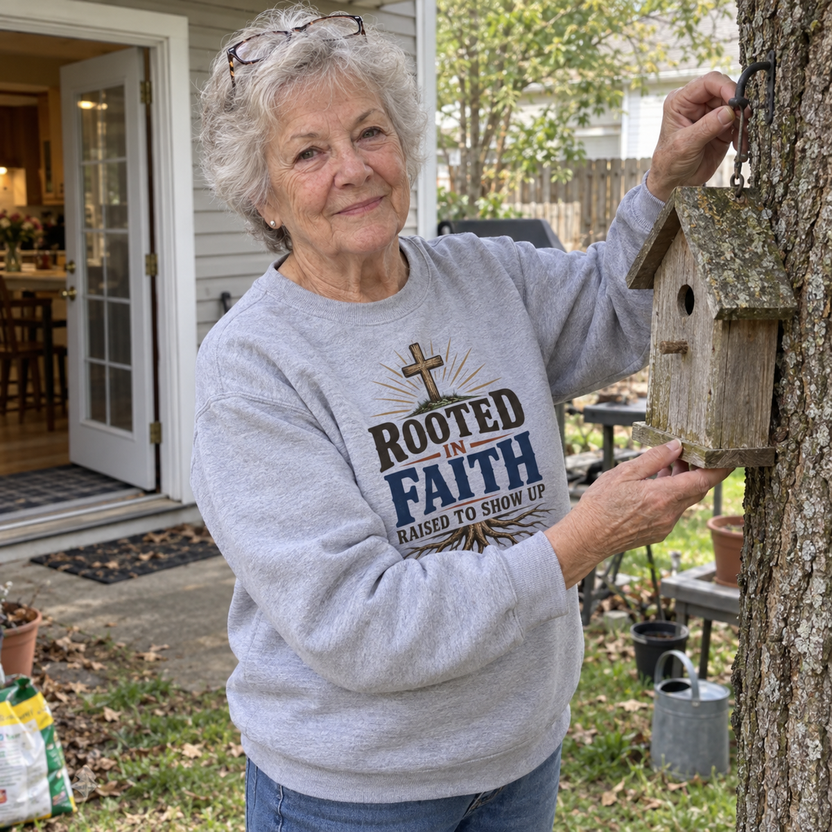 Senior woman wears gray vintage sweatshirt printed with Rooted In Faith Raised To Show Up.