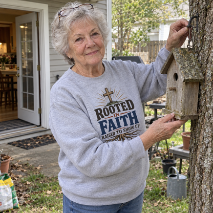 Senior woman wears gray vintage sweatshirt printed with Rooted In Faith Raised To Show Up.