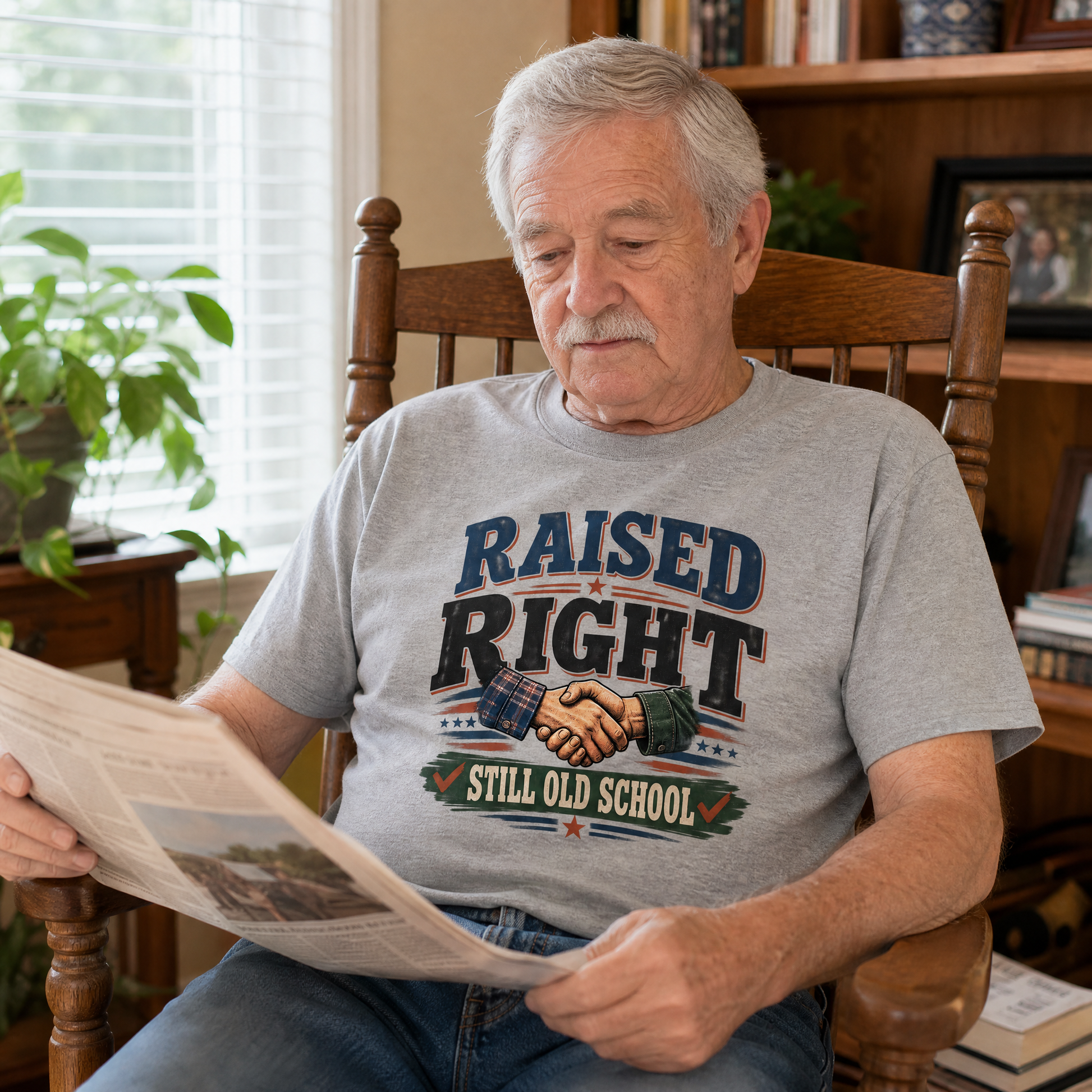 Senior man wearing gray vintage t-shirt with Raised Right Still Old School print reading newspaper