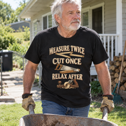 Senior man wearing black vintage t-shirt with Measure Twice Cut Once slogan outdoors