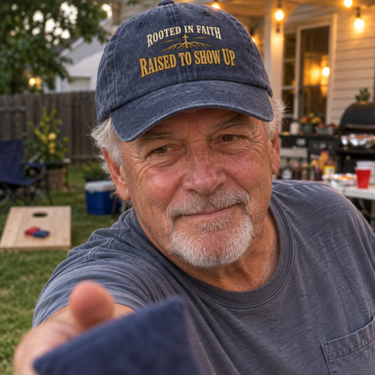 Senior man wears navy vintage washed cap printed Rooted In Faith Raised To Show Up