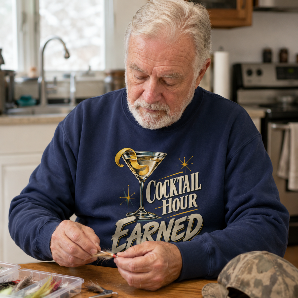Senior man wearing navy vintage sweatshirt with printed Cocktail Hour Earned design at table