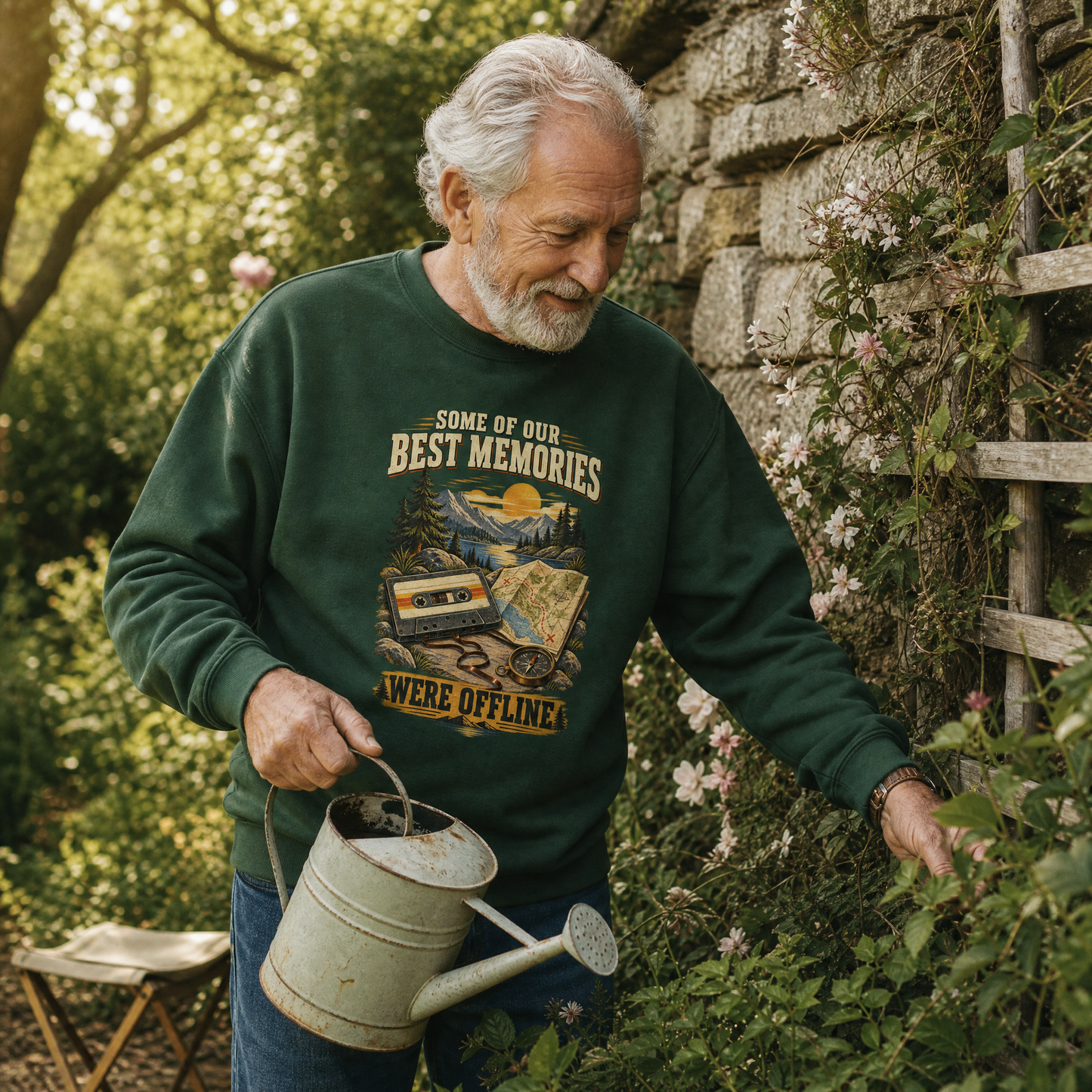 Senior man wearing green vintage sweatshirt with printed offline memories design in garden
