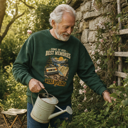 Senior man wearing green vintage sweatshirt with printed offline memories design in garden