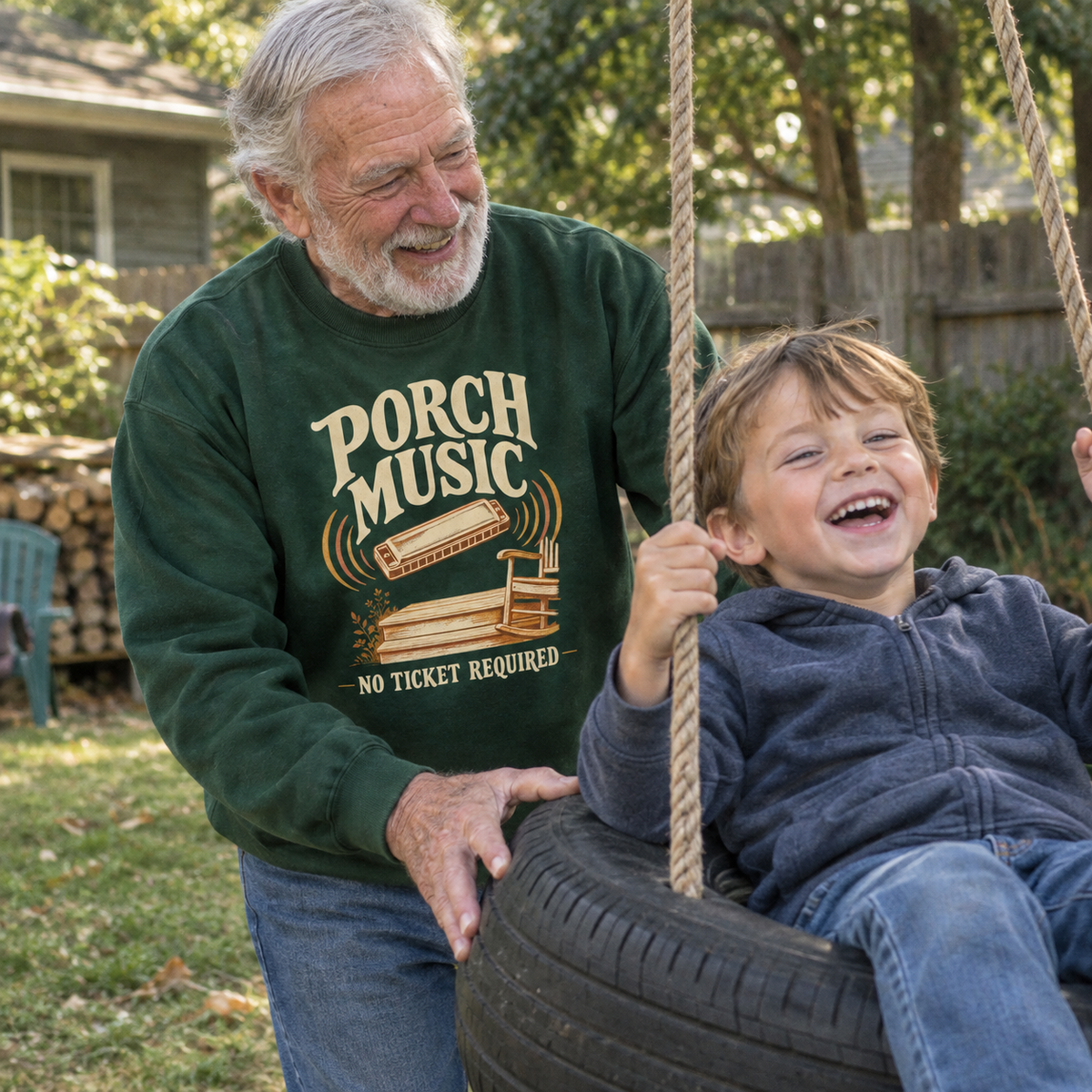Green vintage sweatshirt with Porch Music. No Ticket Required print, worn by senior outdoors.