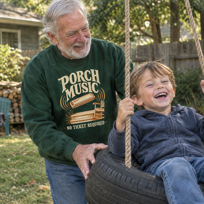 Green vintage sweatshirt with Porch Music. No Ticket Required print, worn by senior outdoors.