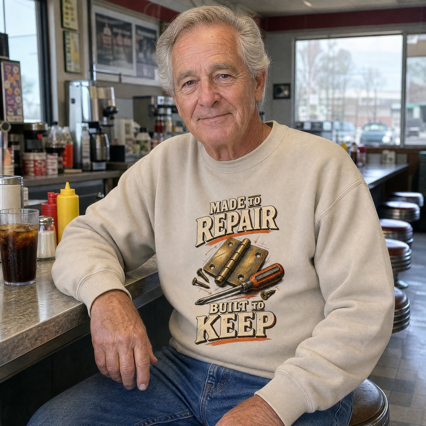 Senior man wearing beige vintage sweatshirt with printed Made To Repair Built To Keep design in diner setting