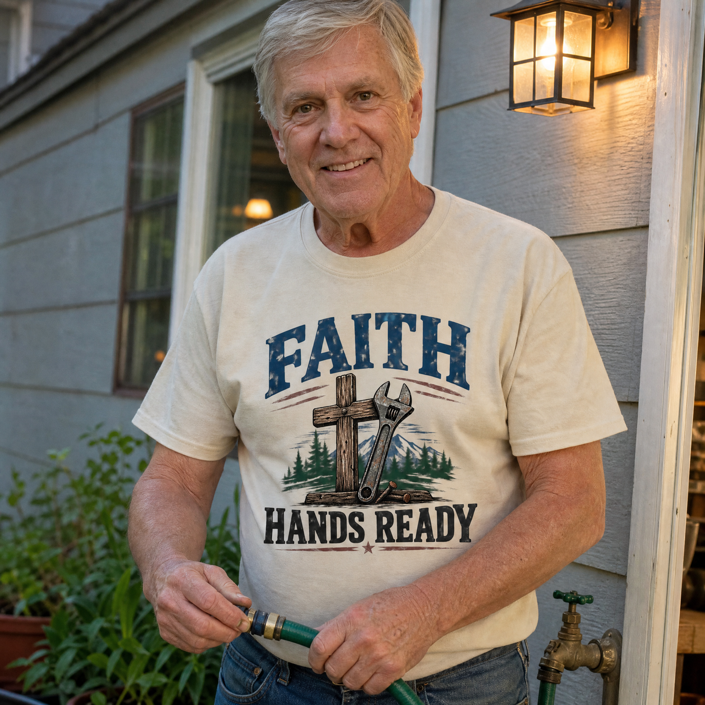 Senior man wearing cream vintage t-shirt with printed Faith Hands Ready design outdoors front view