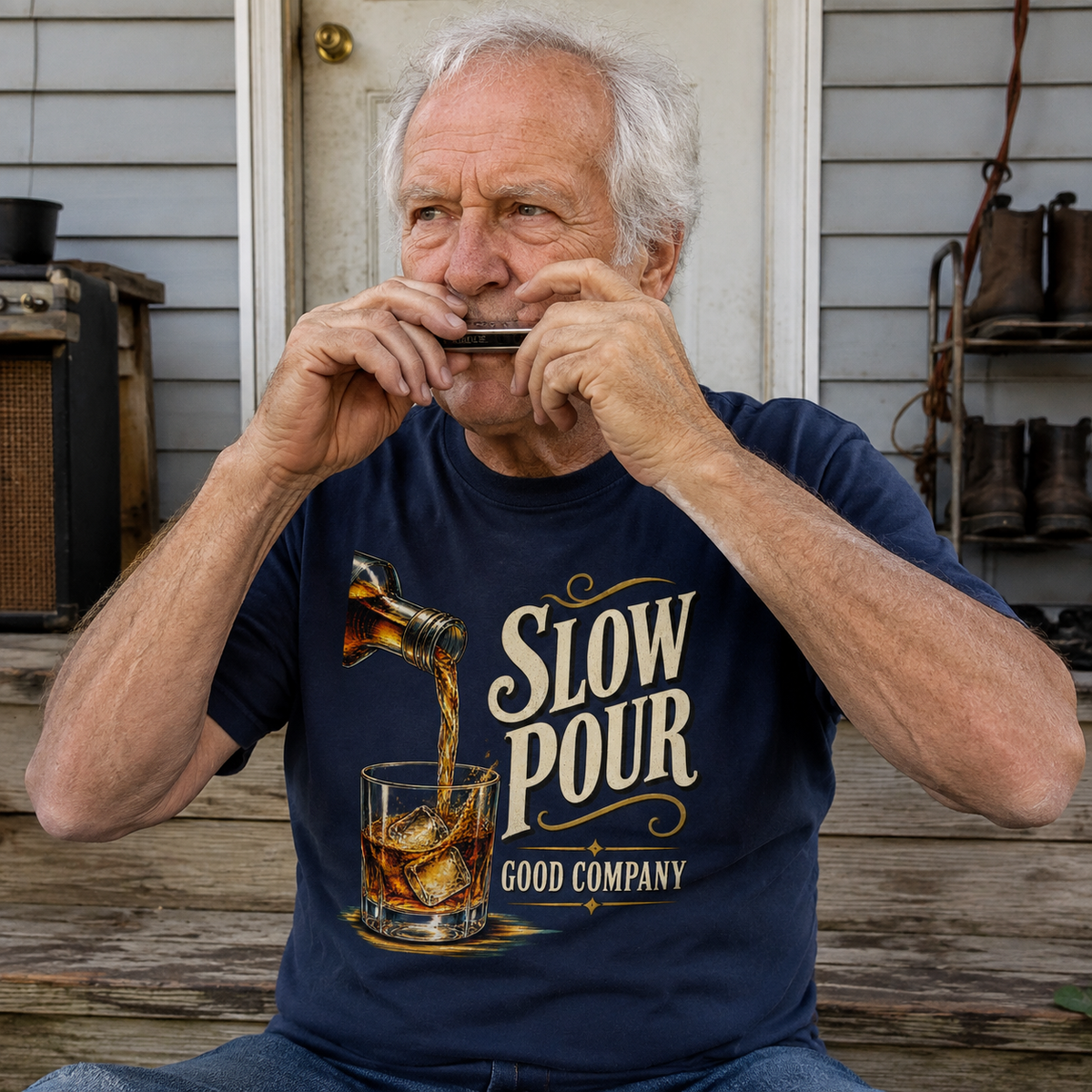 Navy vintage t-shirt with Slow Pour Good Company print, senior playing harmonica outdoors, front view