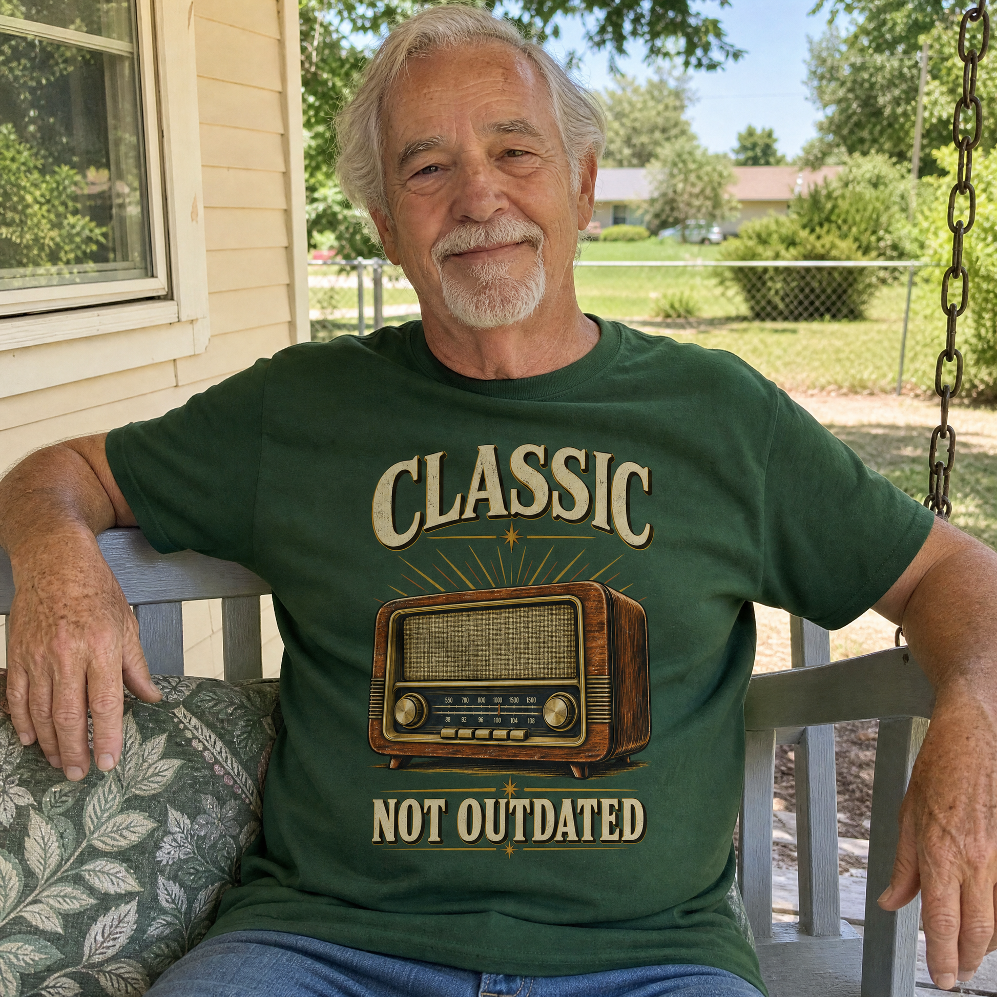 Vintage t-shirt with printed “44 Classic Not Outdated” design in a lifestyle setting