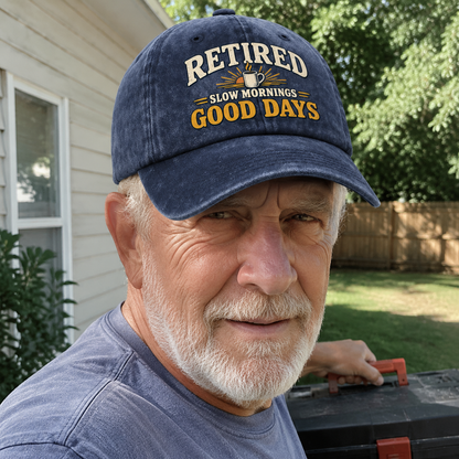 Senior man wearing navy vintage washed cap with printed Retired Slow Mornings Good Days outdoors