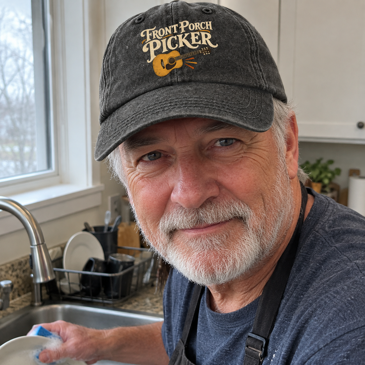 Vintage washed cap in charcoal with Front Porch Picker printed design, worn by senior man in kitchen.