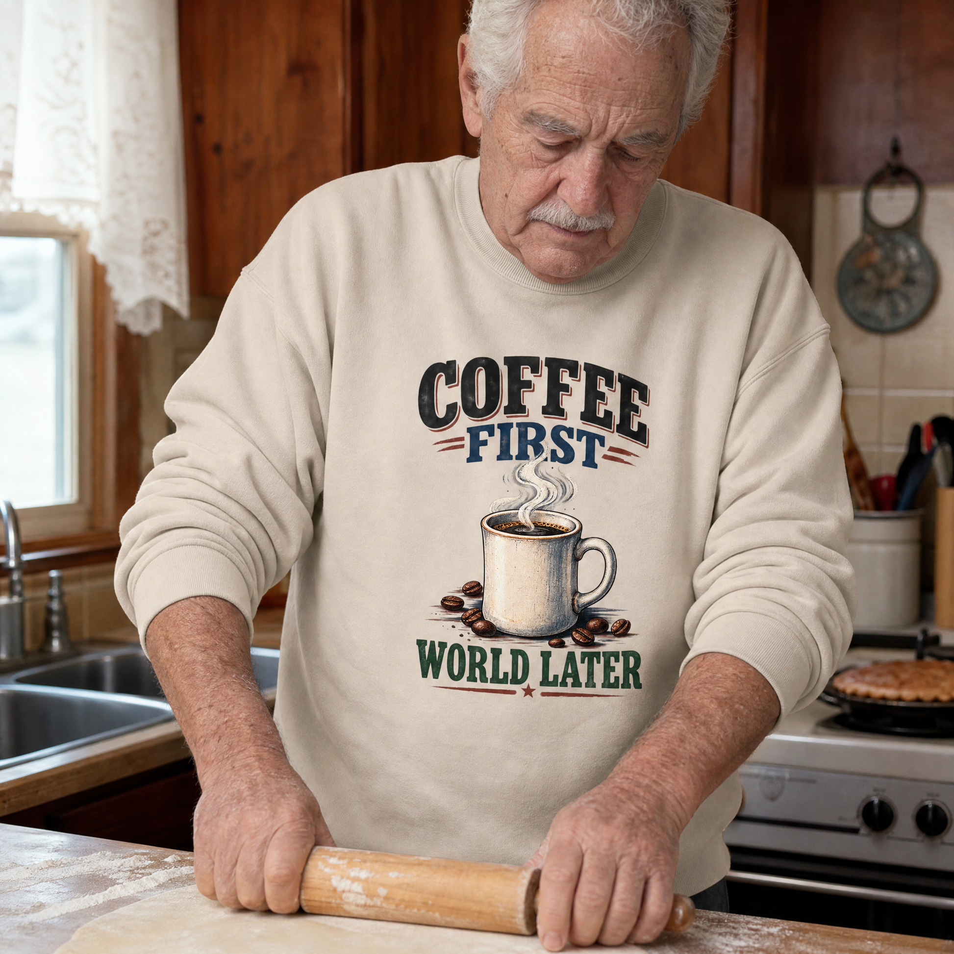 Cream vintage sweatshirt with printed Coffee First. World Later design worn by senior man in kitchen.