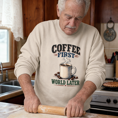 Cream vintage sweatshirt with printed Coffee First. World Later design worn by senior man in kitchen.