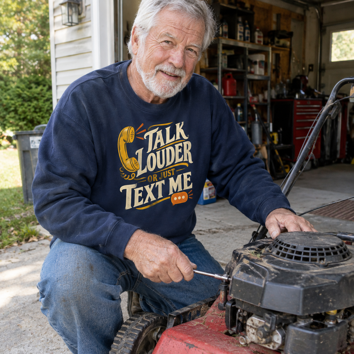 Navy vintage sweatshirt with printed Talk Louder Or Just Text Me slogan, worn by senior