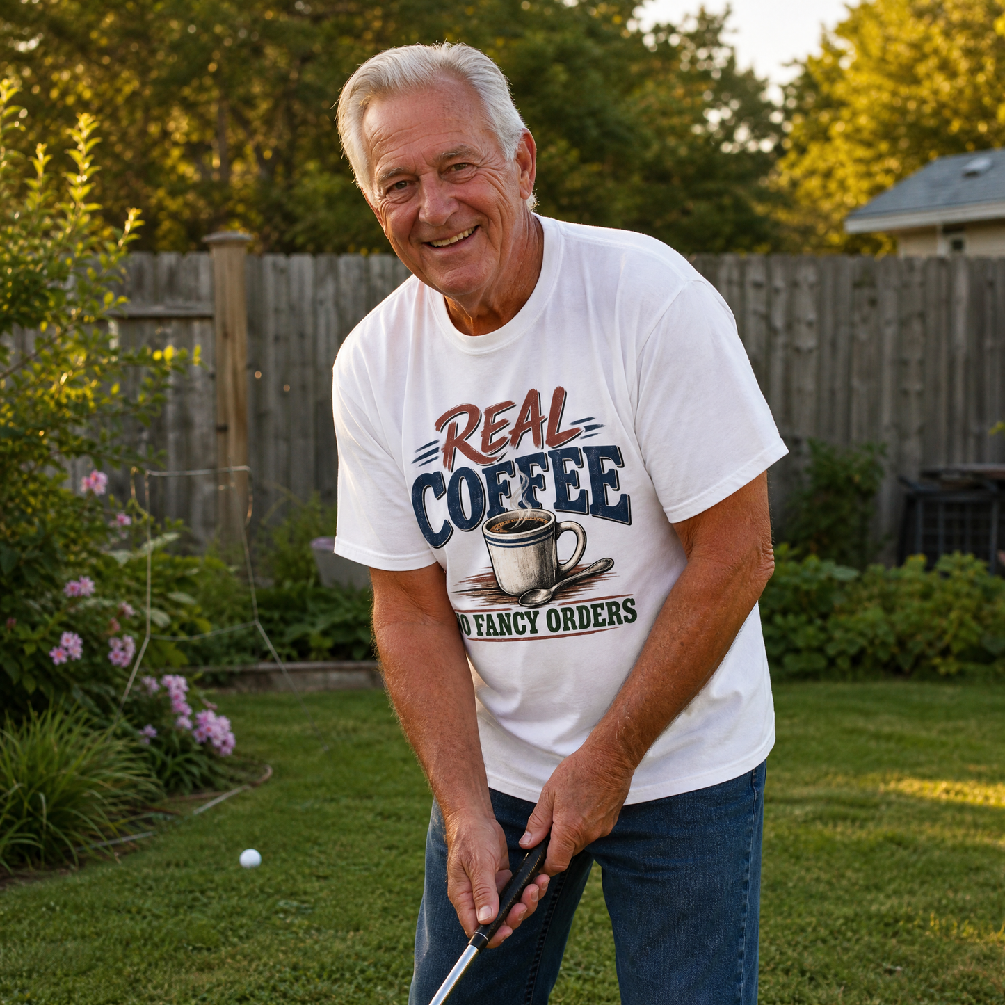 White vintage t-shirt with Real Coffee No Fancy Orders print, worn by senior man outdoors.