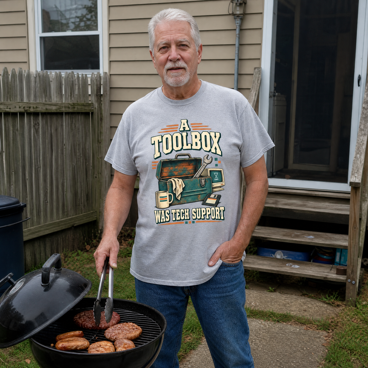 Senior wearing vintage t-shirt with A Toolbox Was Tech Support printed design