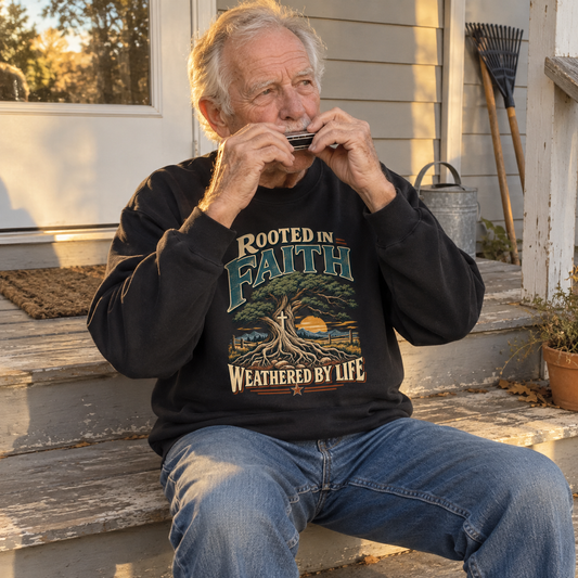 Senior man on porch wears black vintage sweatshirt printed Rooted In Faith Weathered By Life