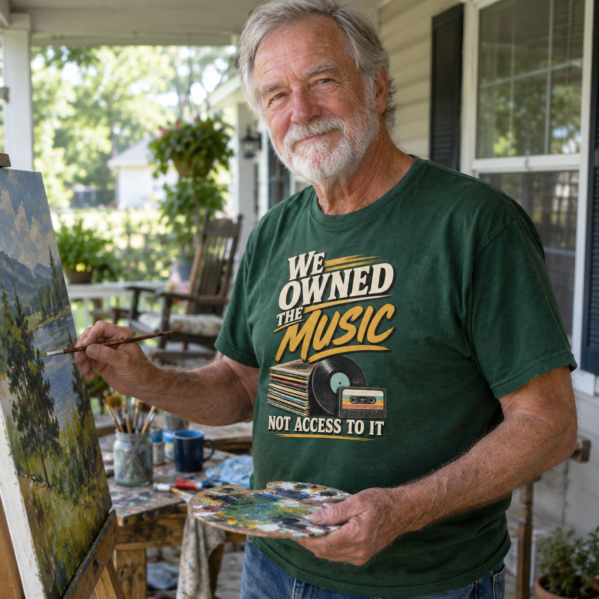 Green vintage t-shirt with printed “We Owned The Music” design worn by senior artist painting outdoors
