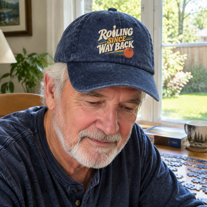 vintage washed cap with printed Rolling Since Way Back slogan