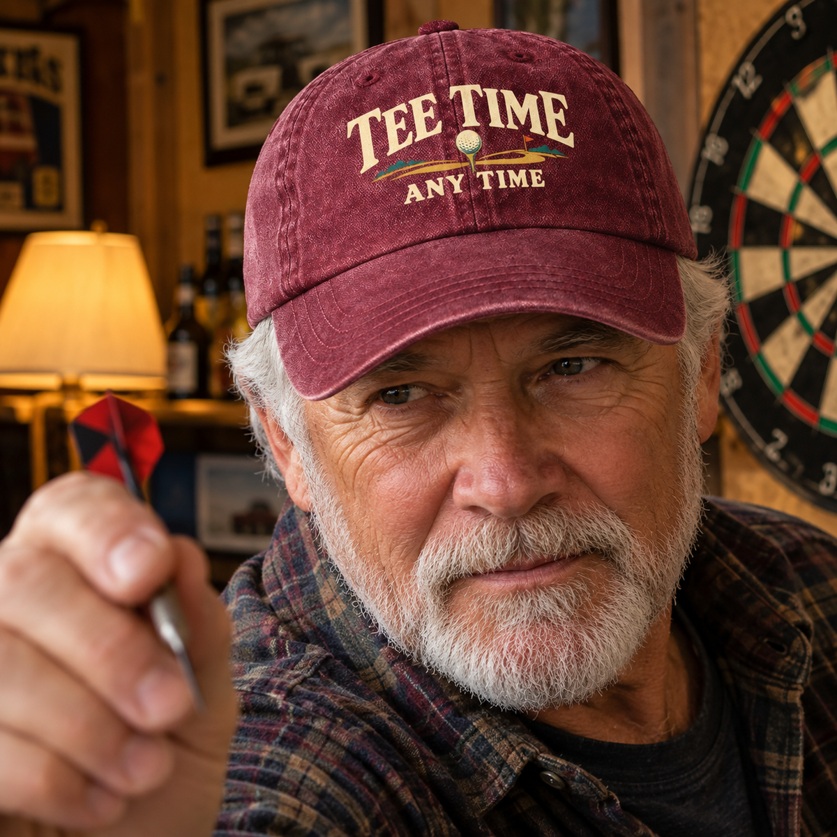 Burgundy vintage washed cap with printed Tee Time Anytime slogan worn by senior man.
