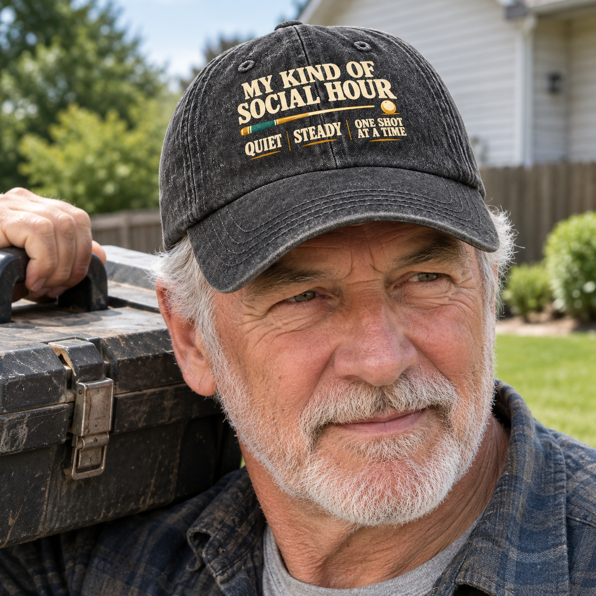 Senior man wearing black vintage washed cap with printed social hour slogan outdoors