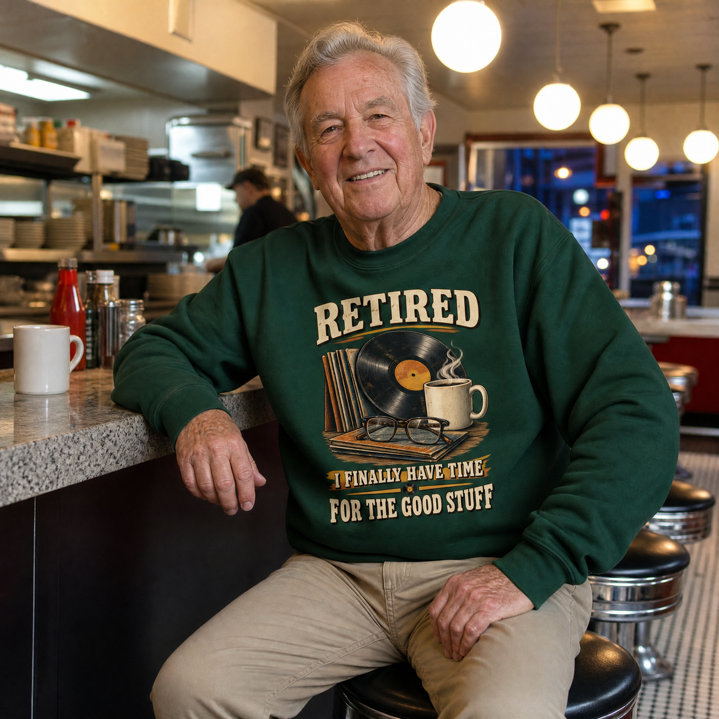 40 Time for the Good Stuff printed vintage sweatshirt, lifestyle front view with slogan design