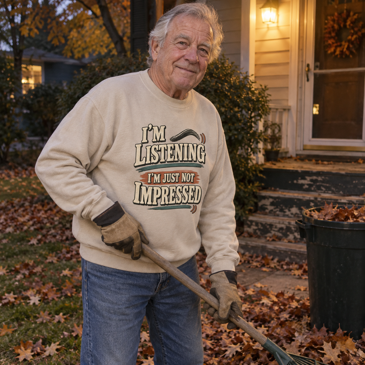 Senior man wearing beige vintage sweatshirt printed I'm Listening I'm Just Not Impressed, raking leaves