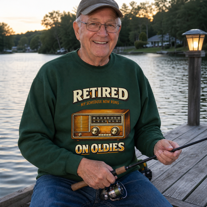 Senior wearing vintage sweatshirt with 39 schedule runs on oldies ideogram 4x printed design
