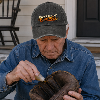 Vintage washed cap with printed Told You Once That Was Enough on senior man outdoors