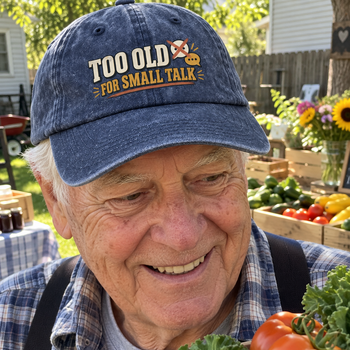 Senior man wearing navy vintage washed cap with printed Too Old For Small Talk slogan outdoors