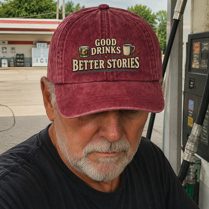 Burgundy vintage washed cap with printed “Good Drinks. Better Stories,” worn by senior man at gas station
