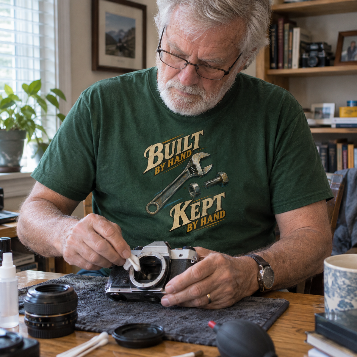 Senior man wearing green vintage t-shirt printed with “Build By Hand. Keep It By Hand”