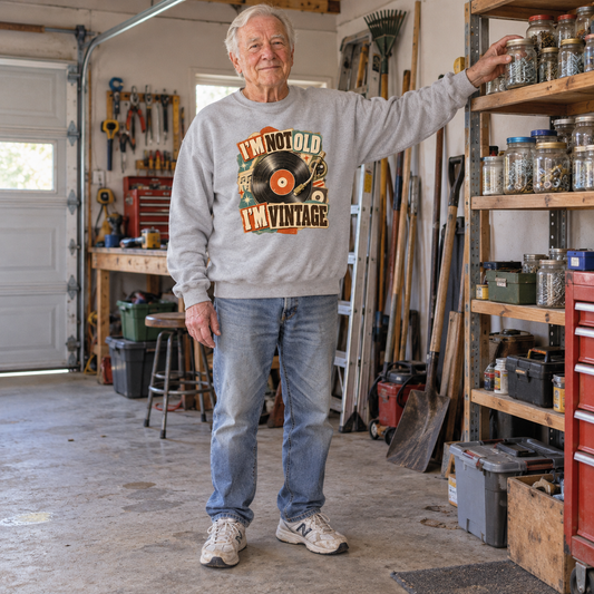 Senior man in garage wears gray vintage sweatshirt printed with I'm Not Old. I'm Vintage