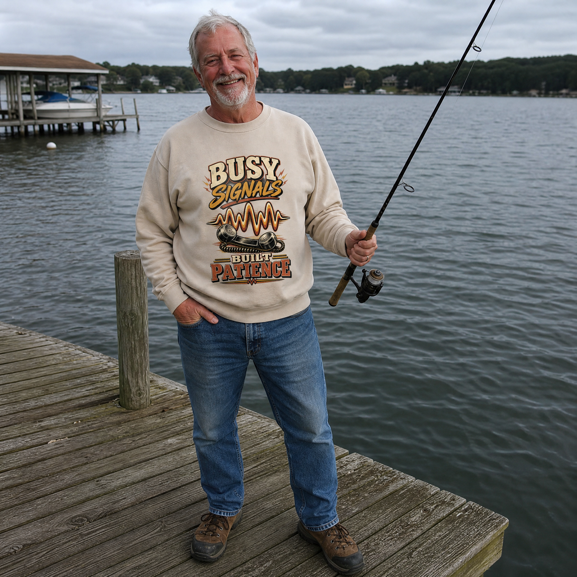 Senior man wearing beige vintage sweatshirt reading Busy Signals Built Patience, fishing by lakeside dock.