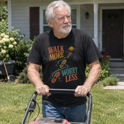 Senior man wearing black vintage t-shirt with printed “Walk More. Worry Less” design outdoors.
